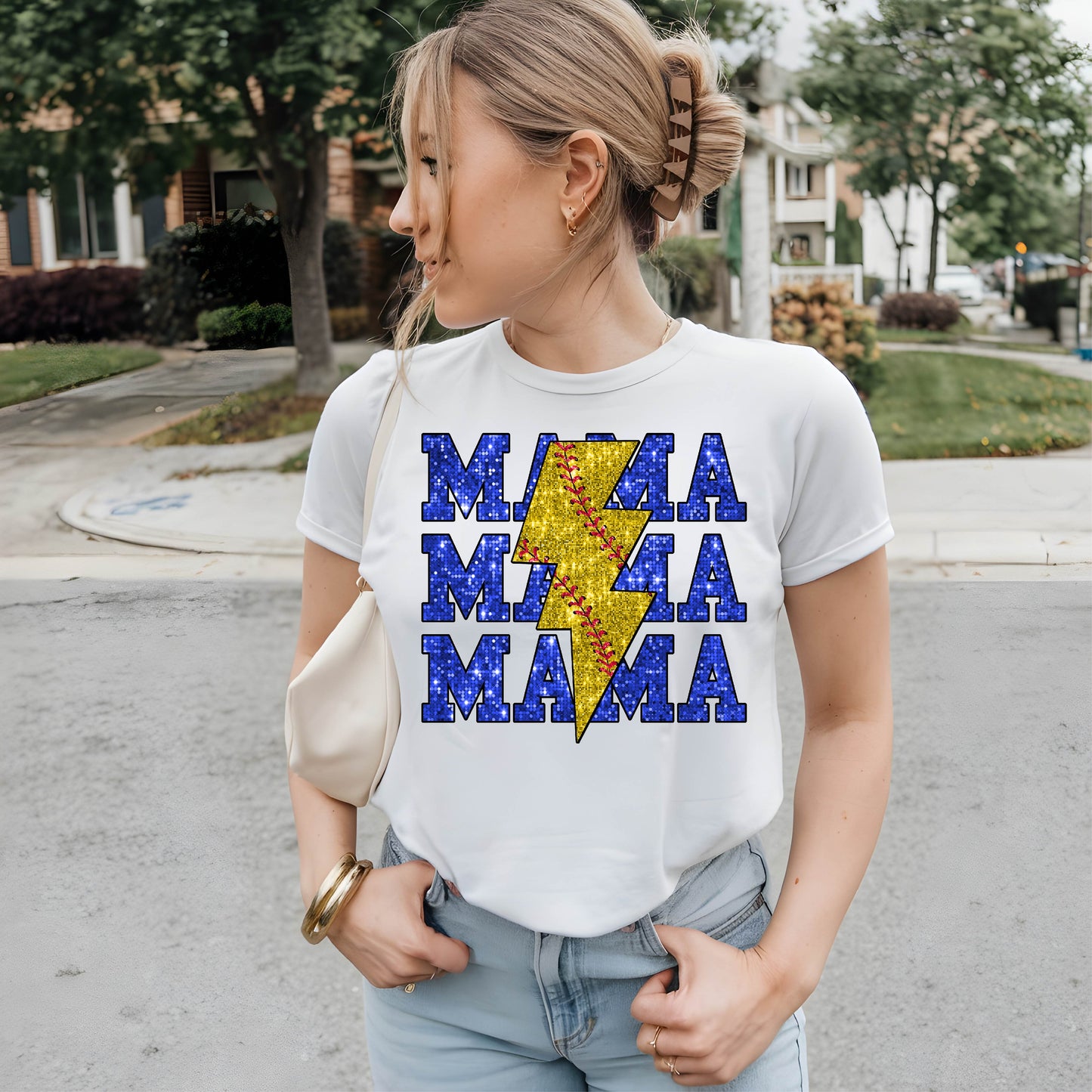 SOFTBALL MAMA LIGHTNING BOLT (FAUX GLITTER)