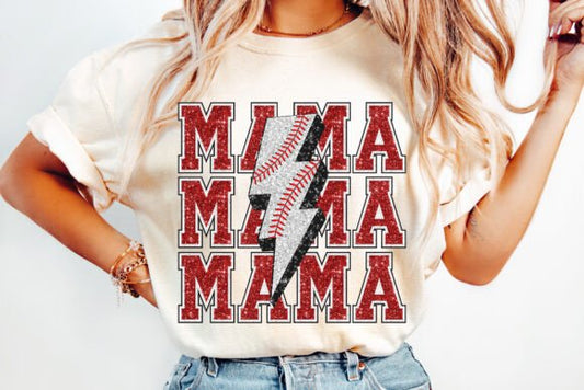 MAMA BASEBALL LIGHTNING BOLT (FAUX GLITTER)